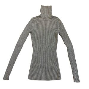 Express Silver Metallic Ribbed Turtleneck Sweater M Sparkle Holiday Knit